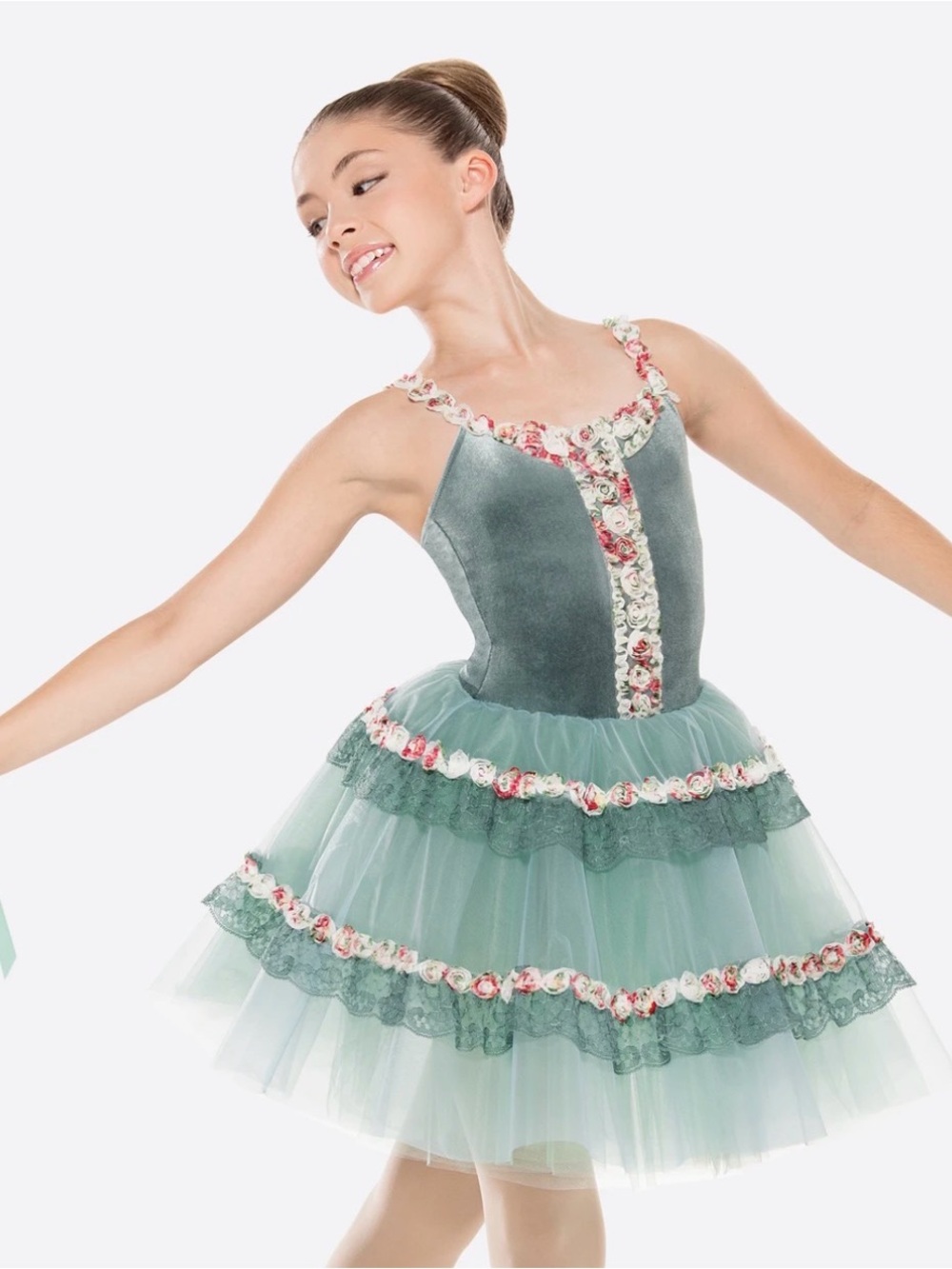 Revolution Girls Green Floral Trim Ballet Costume Blue Sage Color size MC dance